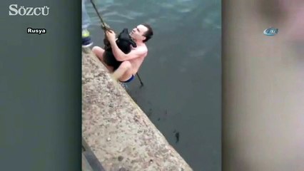 Köpeği sudan böyle kurtardı