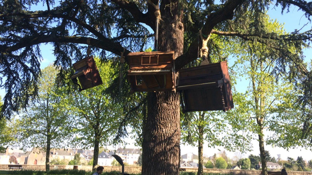 Des pianos perchés dans les arbres du parc du château