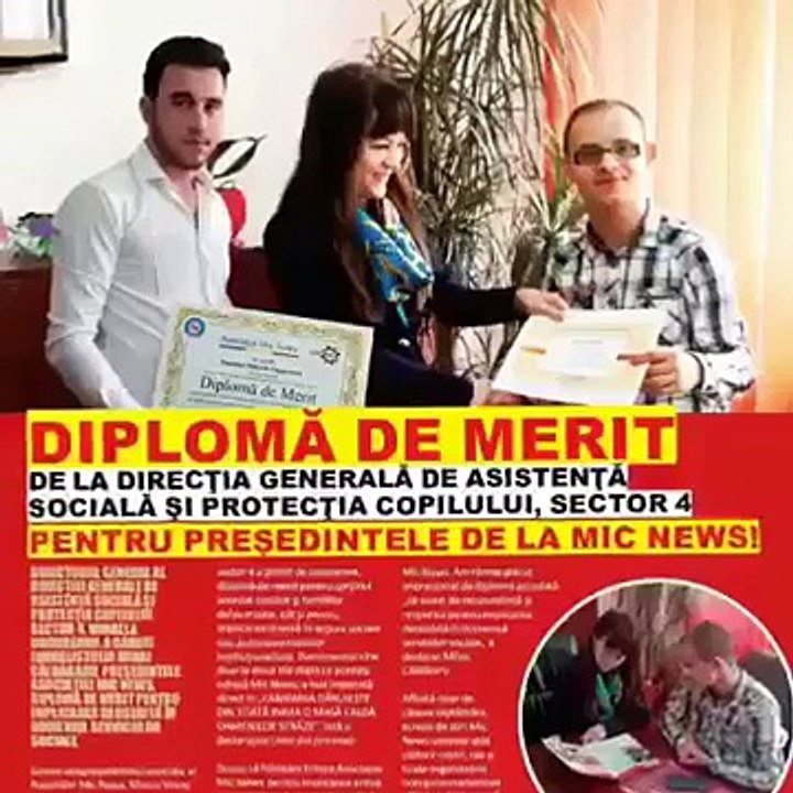 Diplomă de Merit de la Direcţia Generală de Asistenţă Socială şi Protecţia Copilului, Sector 4 pentru preşedintele de la