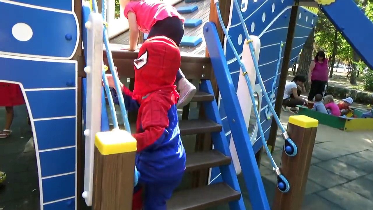 Spiderman in Real Life at water park Superhero waterpark fun slides Spider man comics for
