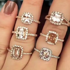 Turn your hand into a peach-colored sparkler with morganite rings sold by KOKOGEM.COM.