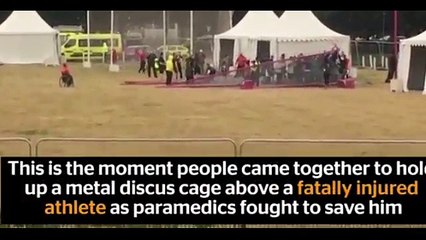 Crowds lift cage above injured athlete Hayayei in bid to save him...