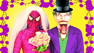 Pink Spidergirl & Joker’s Wedding? w/Frozen Elsa & Anna, Spiderman, Catwoman & Bubble Gum :)