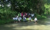 Siswa-siswi Ini Nekat Seberangi Sungai untuk ke Sekolah