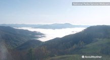 Webcam shows valley fog dissipating in Appalachian mountains