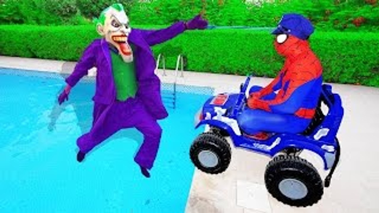 SPIDERMAN MONSTER TRUCKS HIT JOKER ! w/ Hulk Iron Man & Learn Colors Surprise Eggs Toys in Real Lif