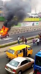 Burning car explodes in Lagos while being extinguished with 'shit'