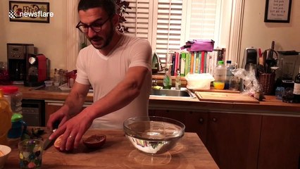 Viva Frei shows how he deseeds pomegranates without staining his shirt