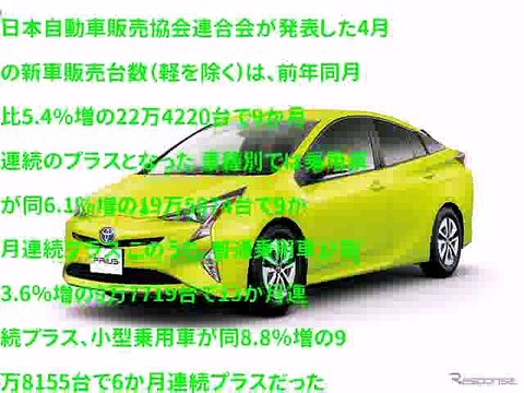 新車登録台数、9か月連続プラス…54％増の22万4220台で　4月