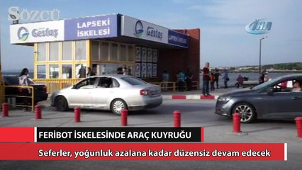Lapseki’de feribot iskelesinde araç kuyruğu
