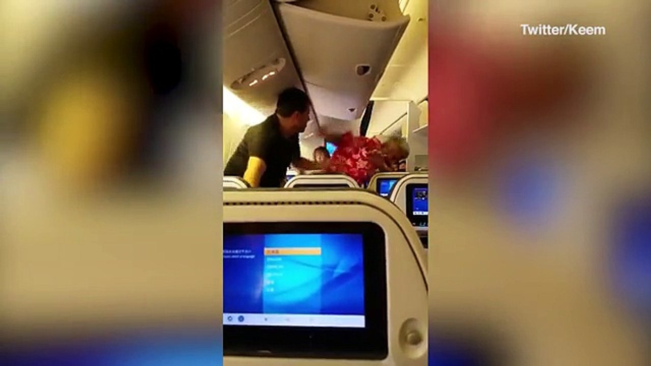 Two men brawl on a plane before one passenger is arrested after ‘choking’ a stewardess while being ejected