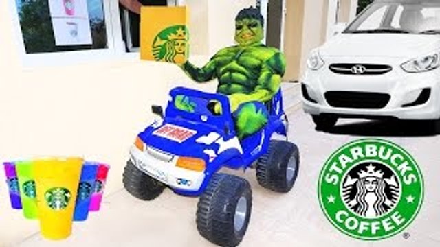HULK STARBUCKS COFFEE DRIVE THRU Prank! w/ Drinks Spiderman Joker Monster Trucks Kids in Real Life