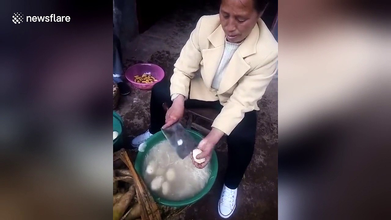 Woman somehow avoids cutting her hand off while chopping potatoes dangerously