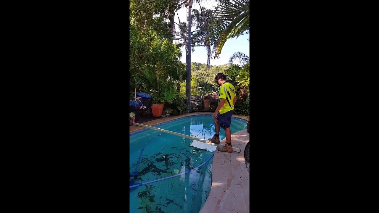 Traverser une piscine en marchant sur un morceau de bois. La bonne idée!