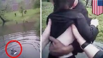 Body cam shows cop dive into pond to save drowning autistic child