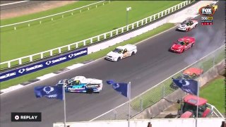 NZ V8 Ute Racing Series 2016. Race 2 Pukekohe Park Raceway. Richard Moore & Nigel Hanley Crash