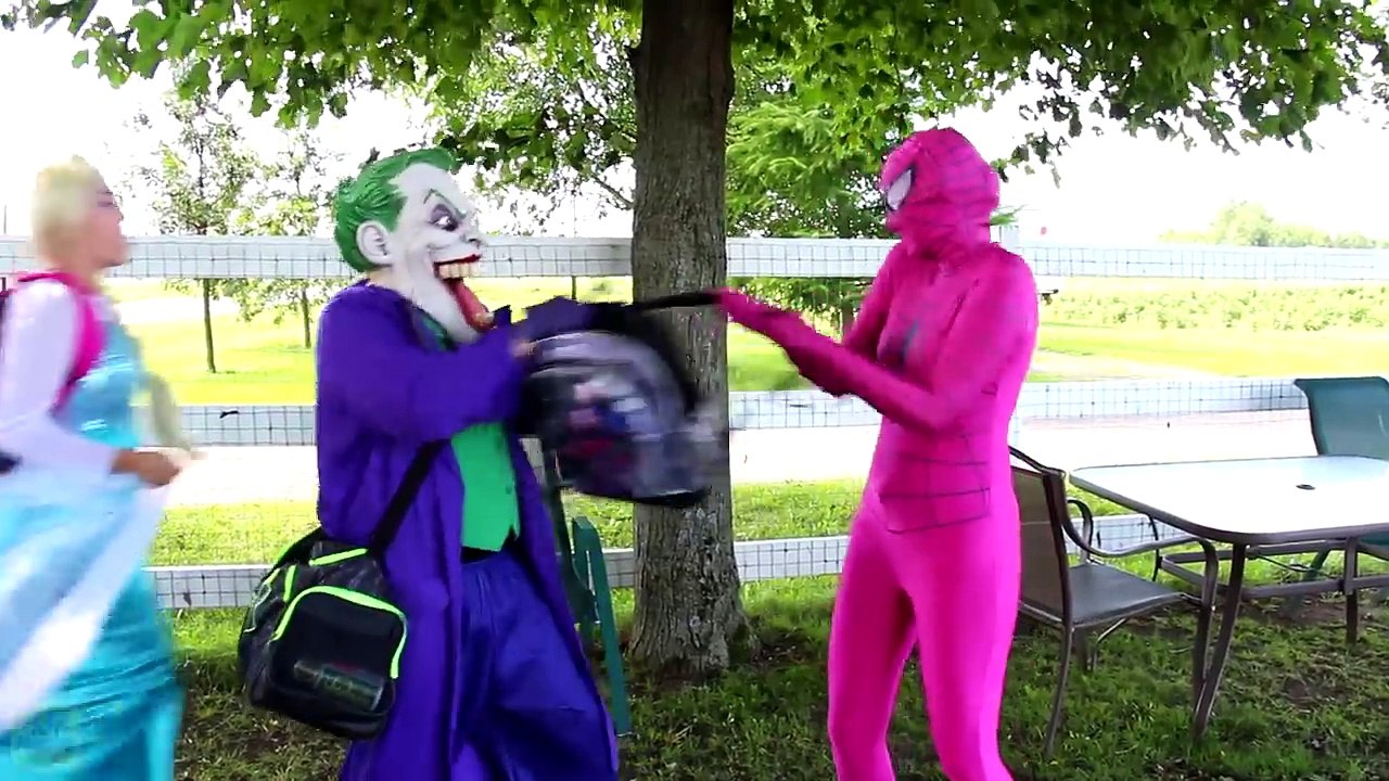 Frozen Elsa & Spiderman GO TO SCHOOL! w/ Maleficent Pink Spidergirl Joker Candy! Funny Superheroes