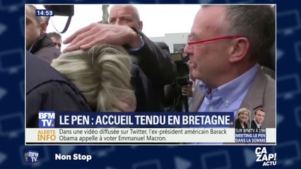 Marine Le Pen se prend un oeuf sur la tête lors d'une visite en Bretagne
