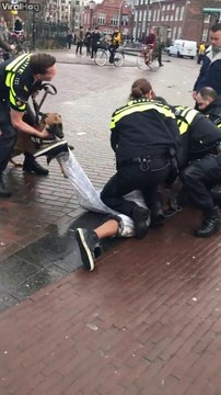 Entouré de 5 policiers et un chien, il résiste après s'etre pris du gaz lacrymo... Costaud