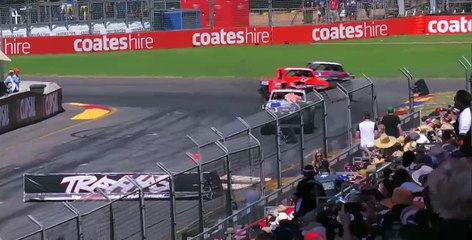 Sheldon Creed with a spectacular finish at the 2015 Clipsal 500 Stadium SUPER Trucks race in Adelaide, Australia.