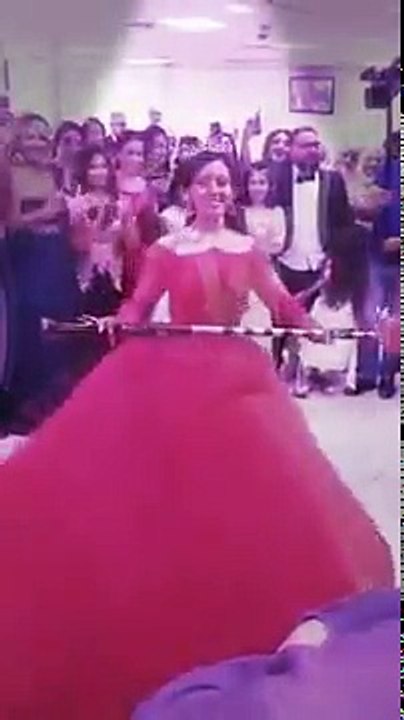 bride dancing with stick