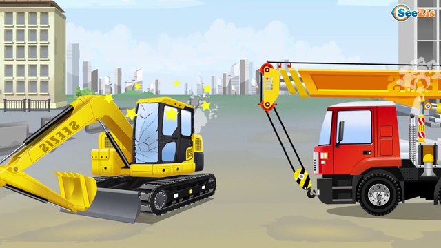 Видео для детей про Красный Трактор и Грузовик Экскаватор в Городке 2D Мультик про машинки Сборник