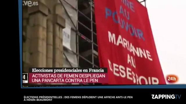 Marine Le Pen - Présidentielle 2017 : des militantes Femen déploient une affiche anti-Le Pen à Hénin-Beaumont (vidéo)
