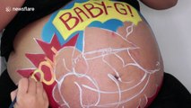 Artist paints pregnant sister's belly with pizza-eating baby because of her pizza cravings