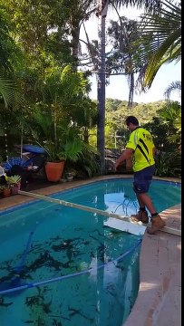 Traverser une piscine sur un tasseau en bois