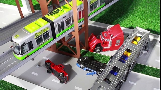 Cartoon cars. Accident. Tractor, wrecker, low loader, truck, car hauler, tram. CatCube