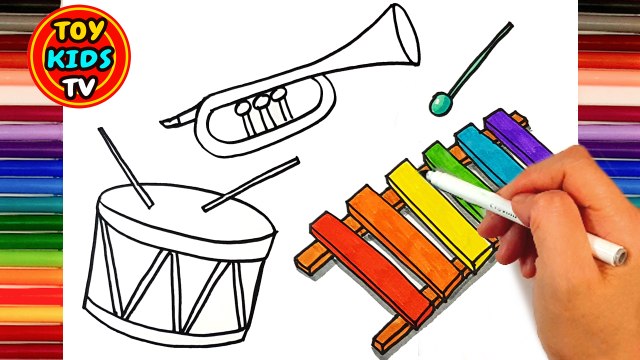 How to draw a Violin and Xylophone | Drum, Trumpet | Painting for kids