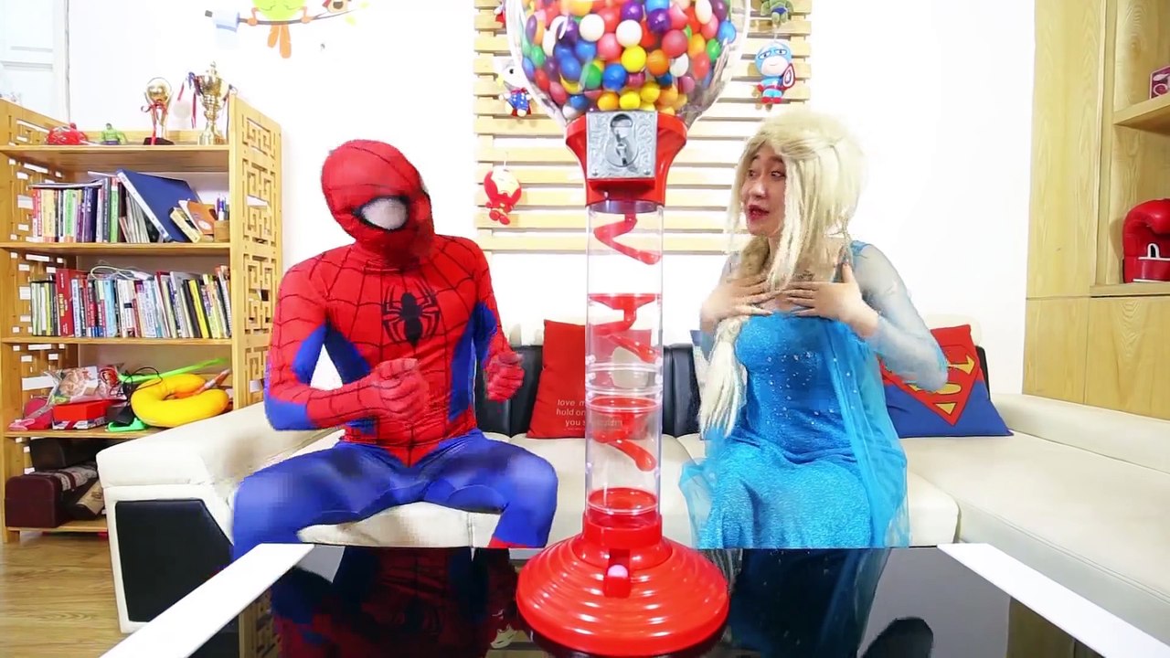Frozen Elsa BUBBLE GUMBALL MACHINE COLORS for Kids with Spiderman Police Joker Prank Superheroes IRL