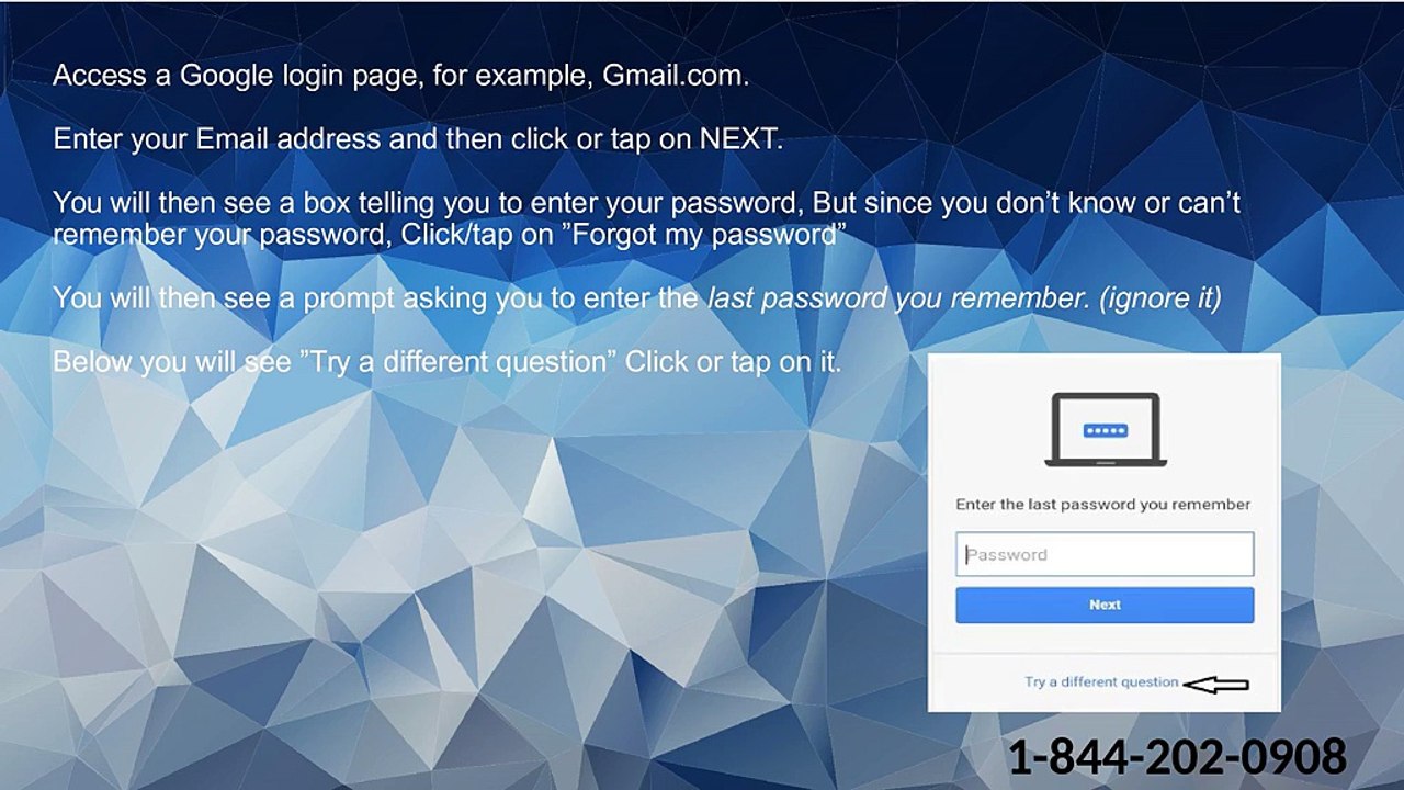 Recover Gmail Account (1-844-292-0908) by Resetting Password without using Number - Password Recovery Toll Free Number