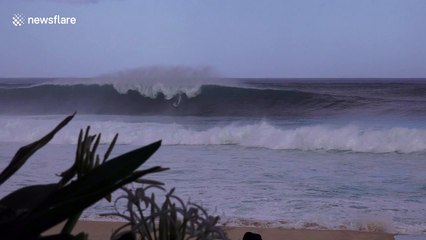 Surfer rides huge wave in Hawaii