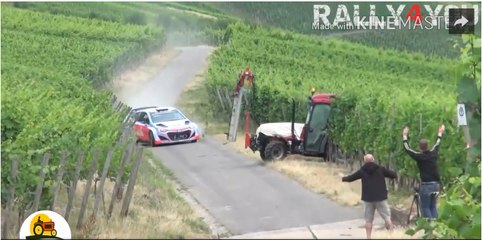 Rally car almost crash with a tractor