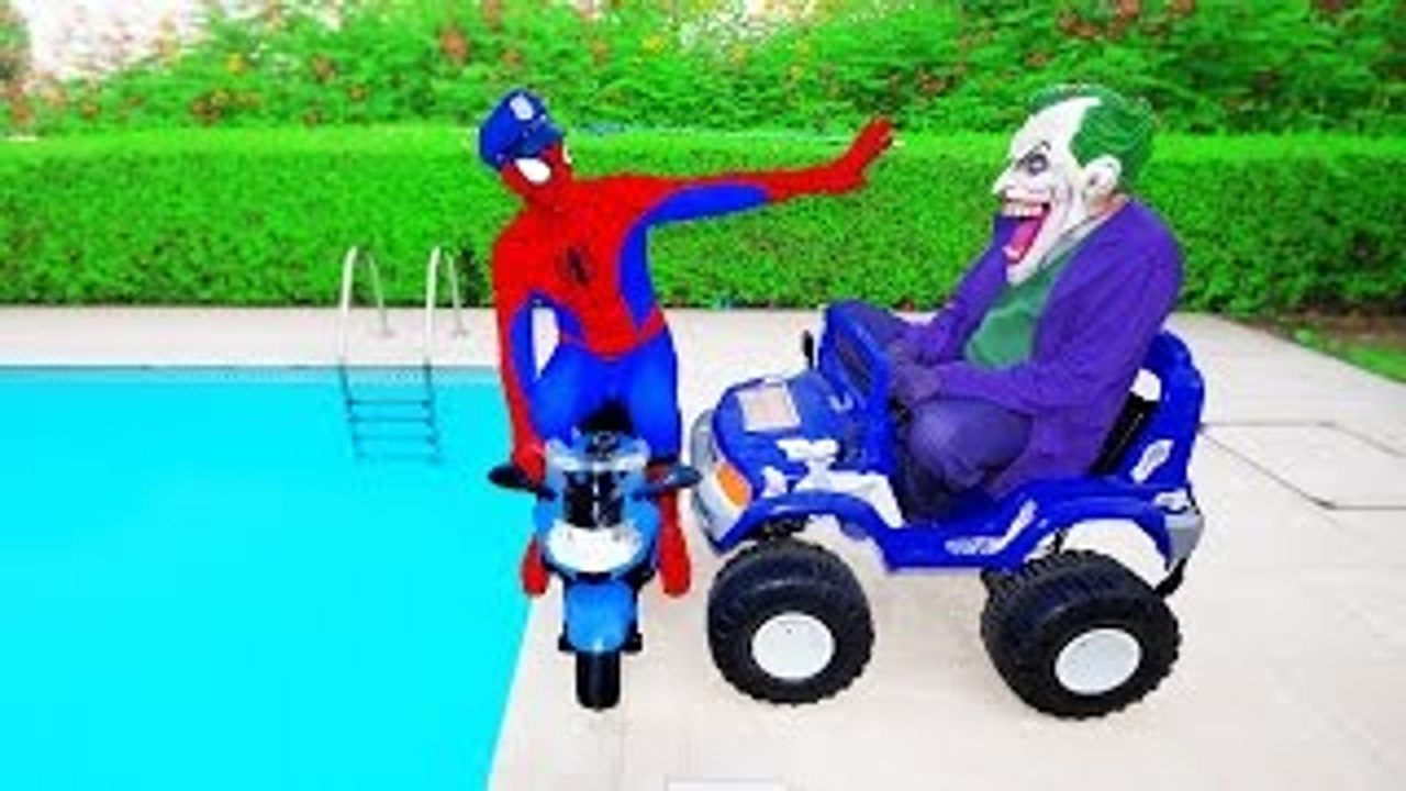 JOKER MONSTER TRUCK HIT Police Spiderman! w/ Hulk Frozen Elsa Toys Kids Movie in Real Life