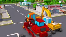 The Blue Excavator digging & Yellow Tow Truck help - Cars & Trucks for Kids