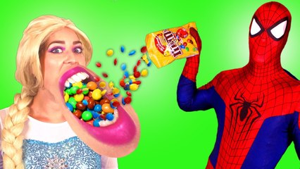 Spiderman & Frozen Elsa M&M CHALLENGE! w_ Princess Rapunzel Ariel Anna Hulk! Superhero Fun _)