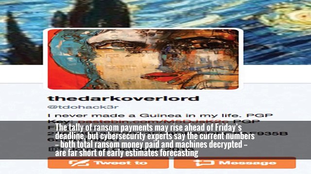The tally of ransom payments may rise ahead of Friday’s deadline, but cybersecurity experts say the current numbers — both total ransom money paid and machines decrypted — are far short of early estimates forecasting