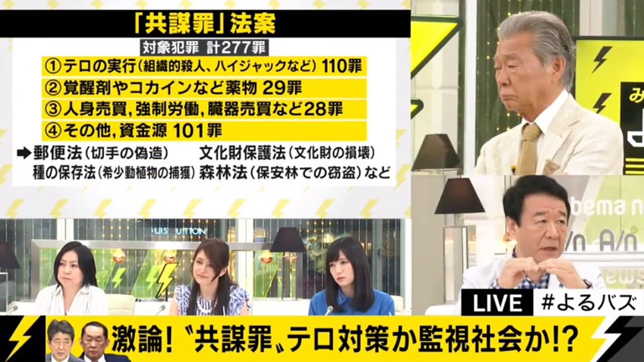 2／6　青山繁晴★みのもんたのよるバズ！「テロ等準備罪と北朝鮮危機」　逢坂誠二、江川紹子 2017.05.20