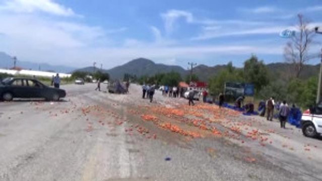 Domates Yüklü Araç Kaza Yaptı, Domatesler Yola Döküldü