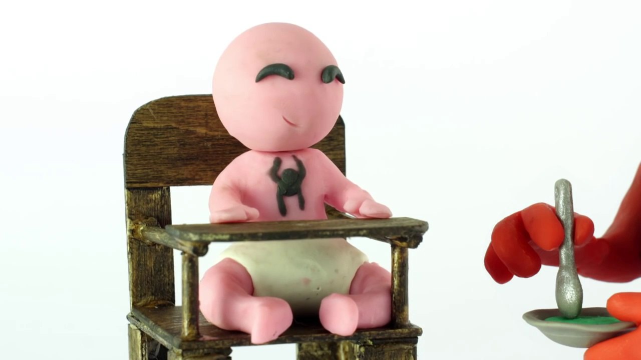 Baby vomits on spiderman superheroes Stop motion Play Doh claymation animation video-E8LFCd