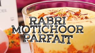 Kesari Rabri Motichoor Parfait - A fusion dessert  made with saffron powder