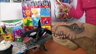 Pet Dinosaur Birthday Party T Rex Eating Cake with Sharks Toy Freaks
