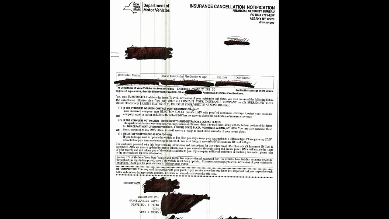 Insurance Cancellation Notification DMV for FHV Vehicle