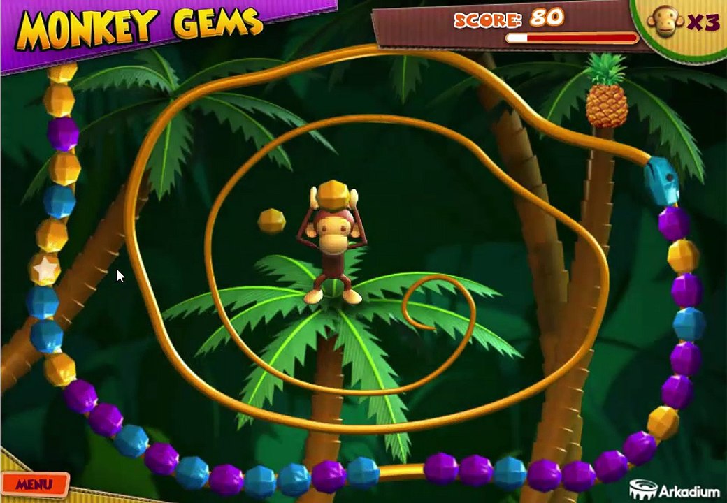 Monkey Gems Game, Monkey throwing balls towards Snake