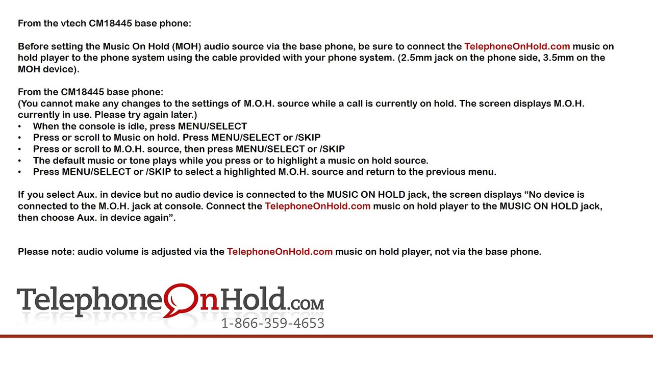 Telephone On Hold vtech CM18445 MOH Connection