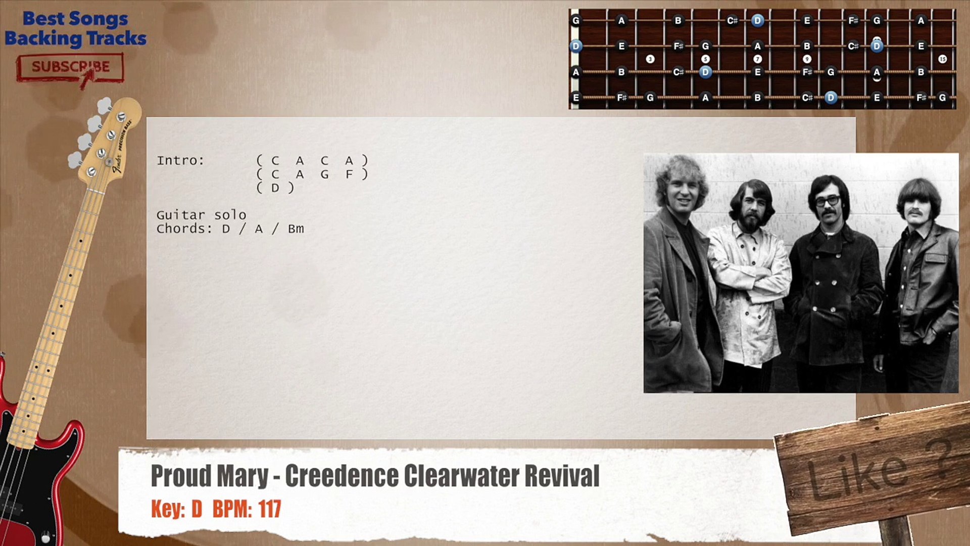 ⁣Proud Mary - Creedence Clearwater Revival Bass Backing Track with chords and lyrics