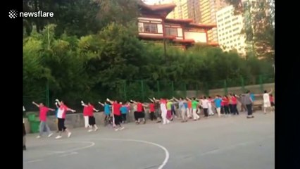 Square dancers fight with basketball player over court