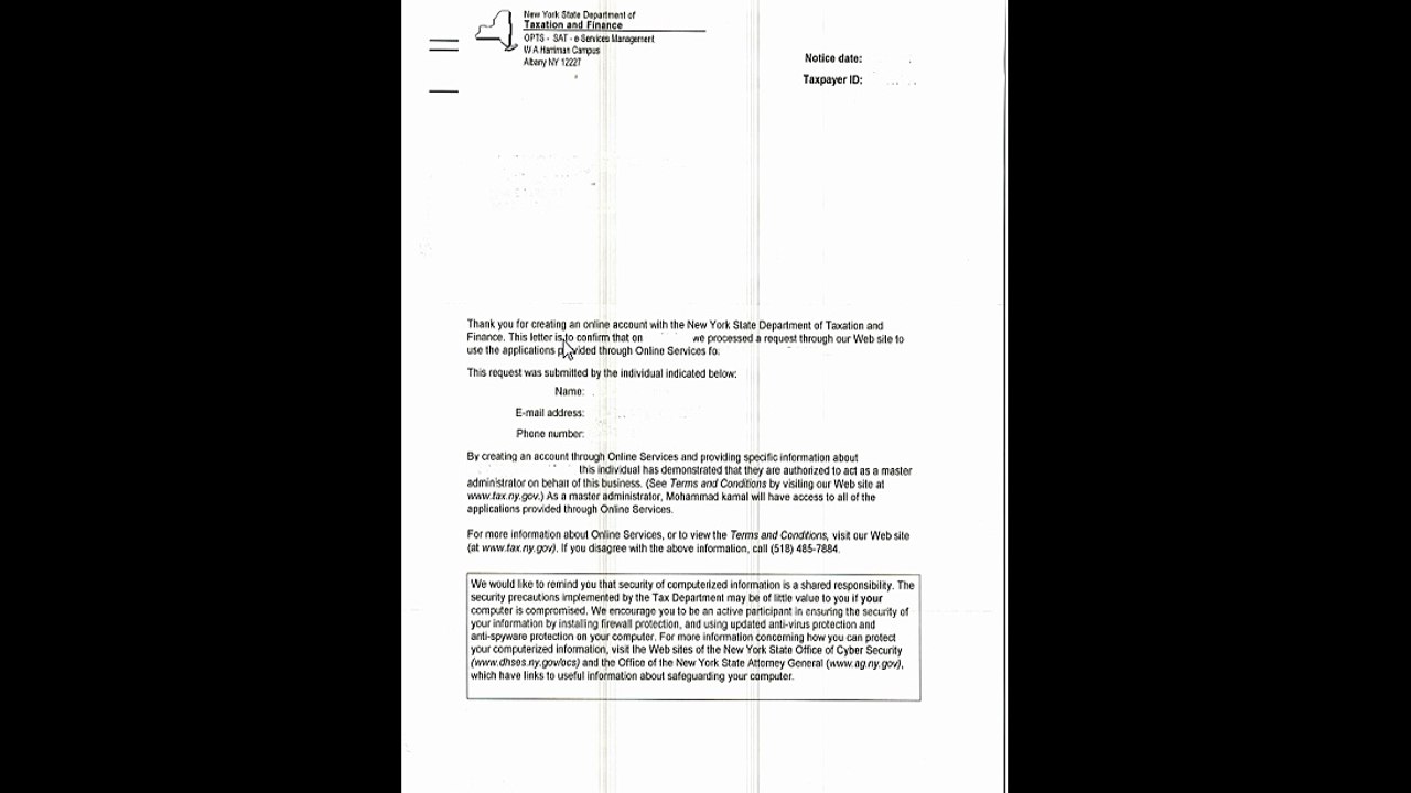 NYS tax registration letter